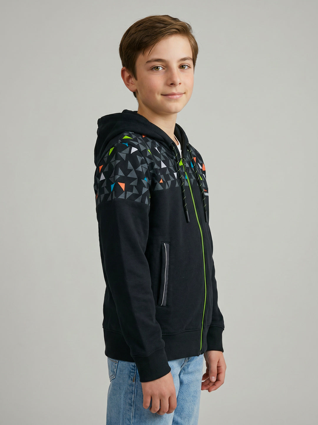 Boys Navy Blue Geometric Hooded Full Sleeve Sweatshirt
