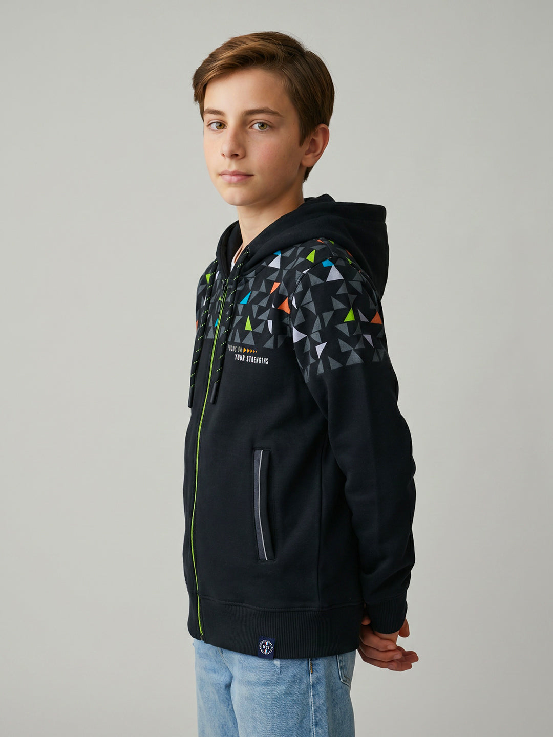 Boys Navy Blue Geometric Hooded Full Sleeve Sweatshirt