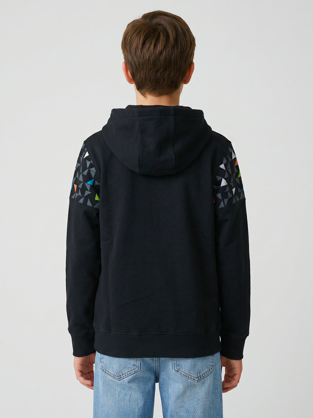Boys Navy Blue Geometric Hooded Full Sleeve Sweatshirt