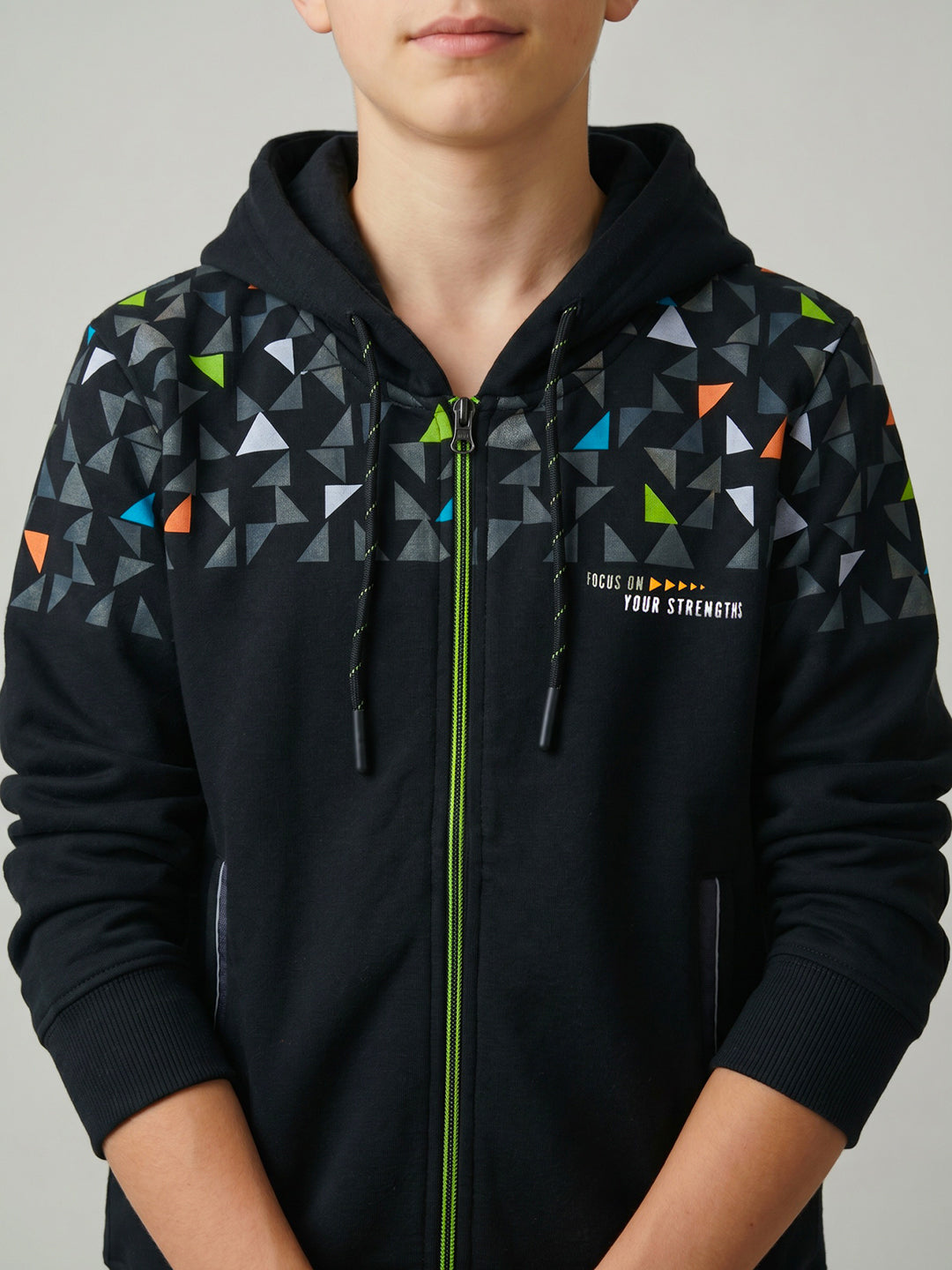 Boys Navy Blue Geometric Hooded Full Sleeve Sweatshirt