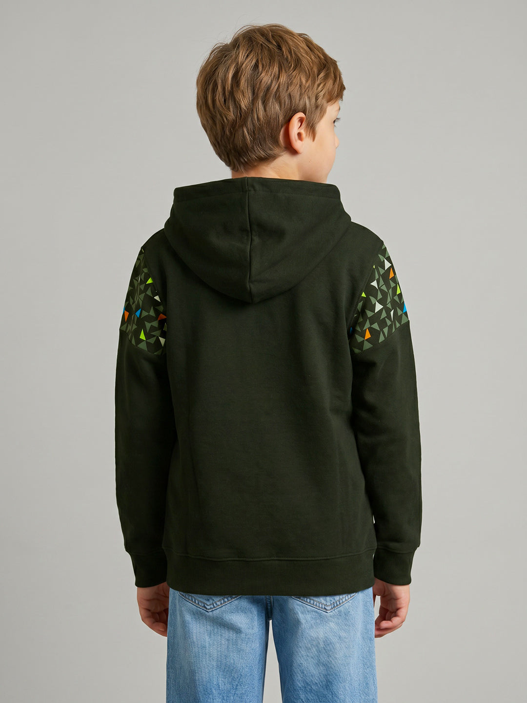 Boys Olive Geometric Hooded Full Sleeve Sweatshirt