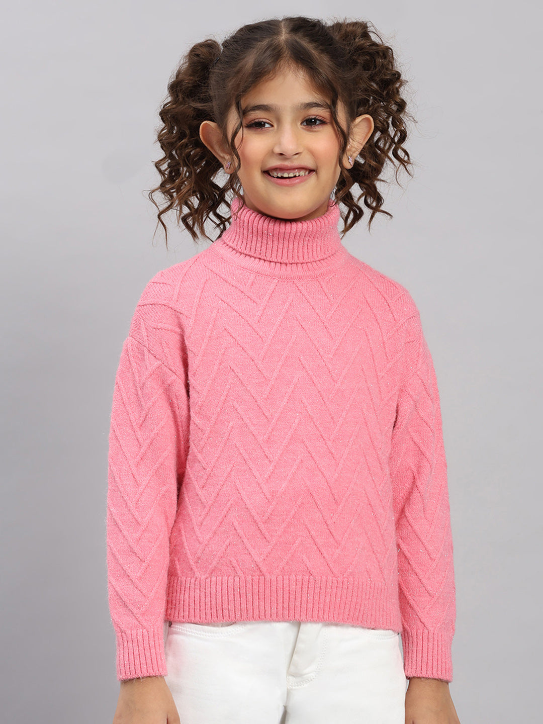 Girls Pink Self Design High Neck Full Sleeve Pullover