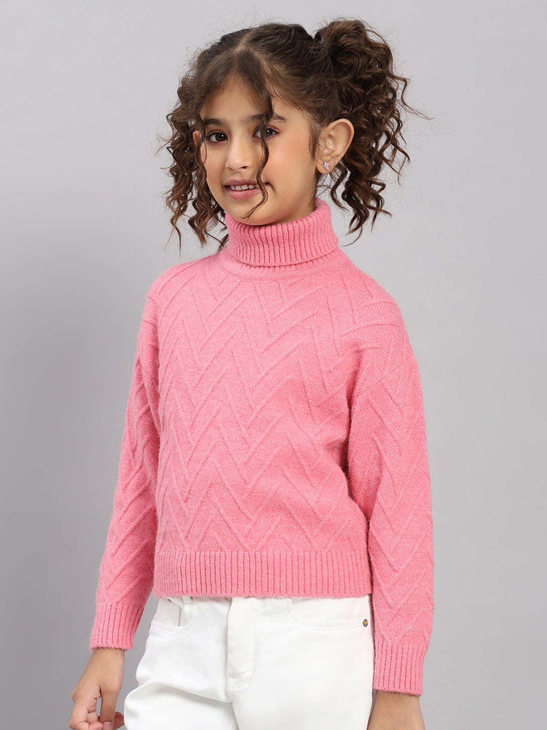 Girls Pink Self Design High Neck Full Sleeve Pullover