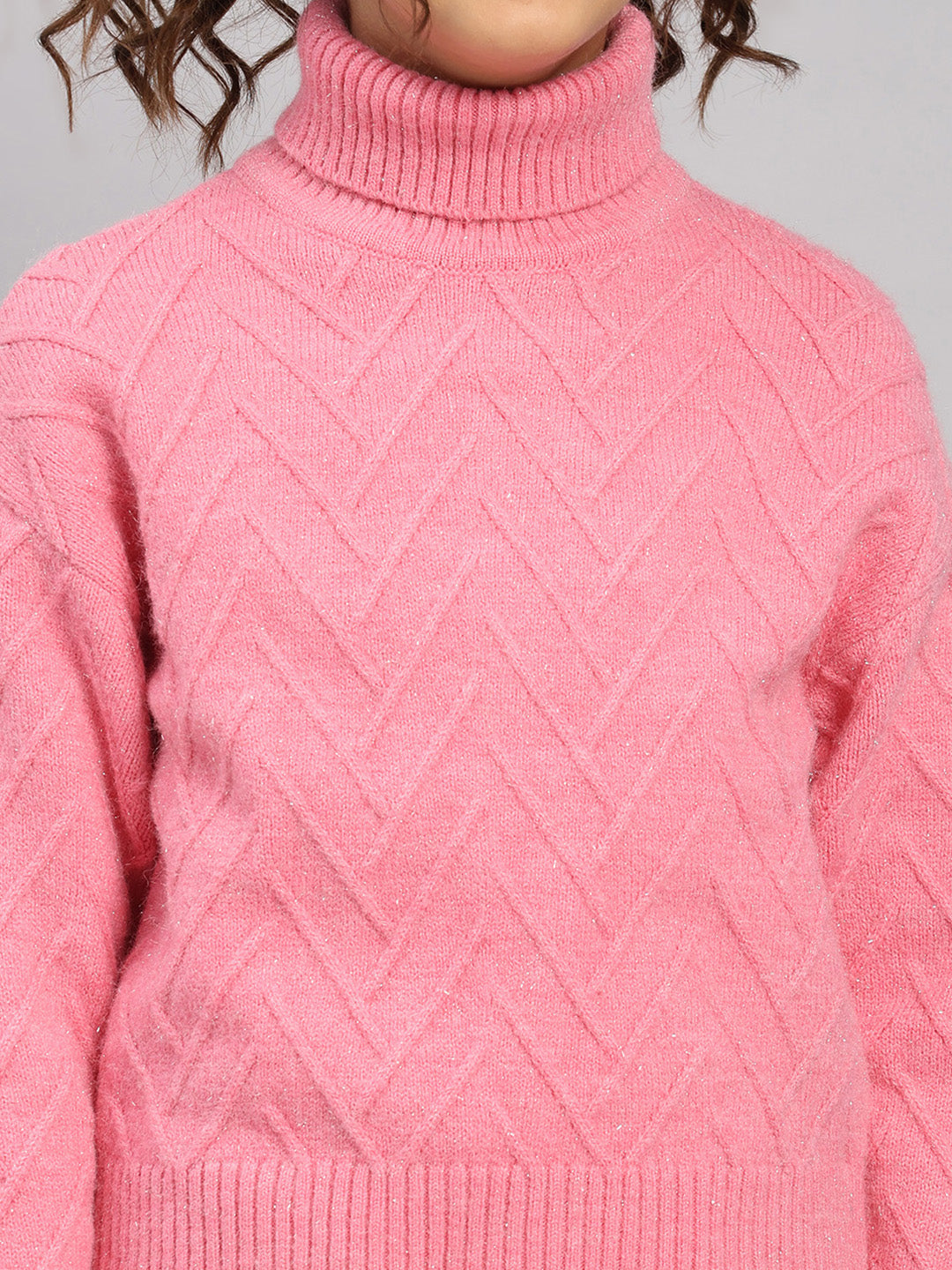 Girls Pink Self Design High Neck Full Sleeve Pullover
