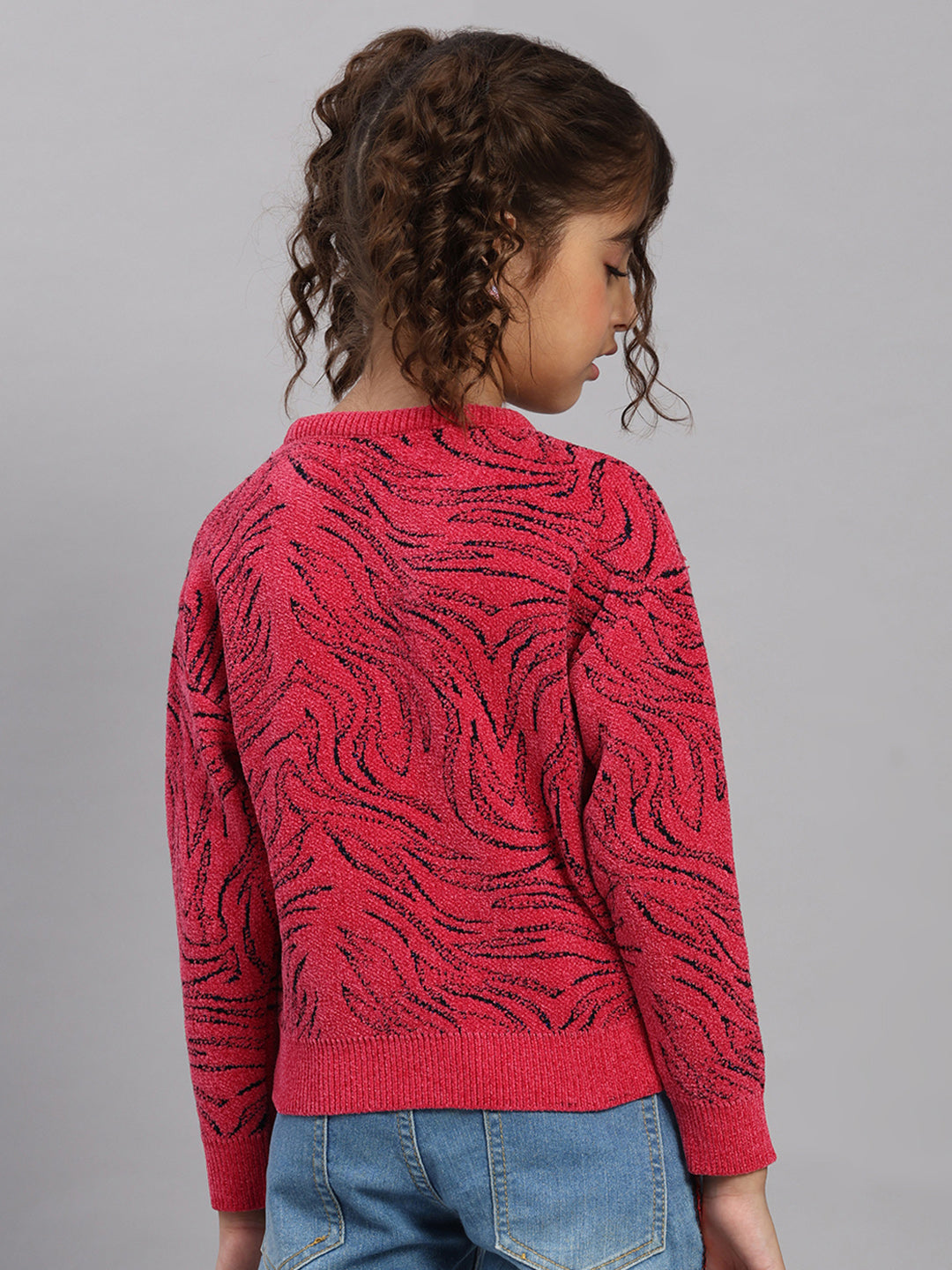 Girls Pink Self Design Round Neck Full Sleeve Pullover