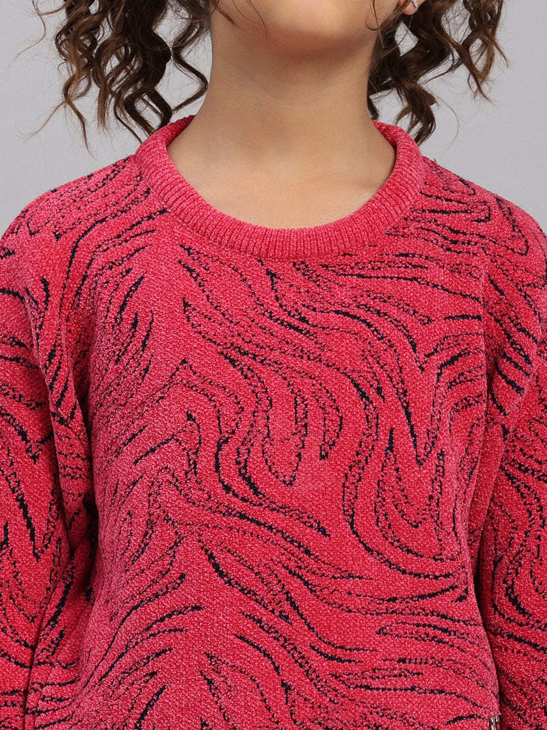 Girls Pink Self Design Round Neck Full Sleeve Pullover