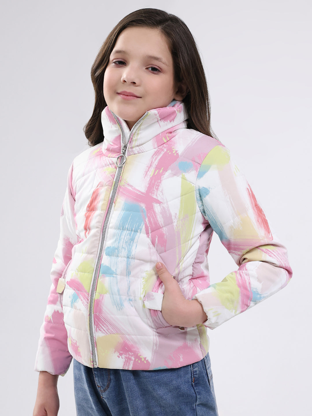 Girls Pink Printed Mock Neck Full Sleeve Jacket