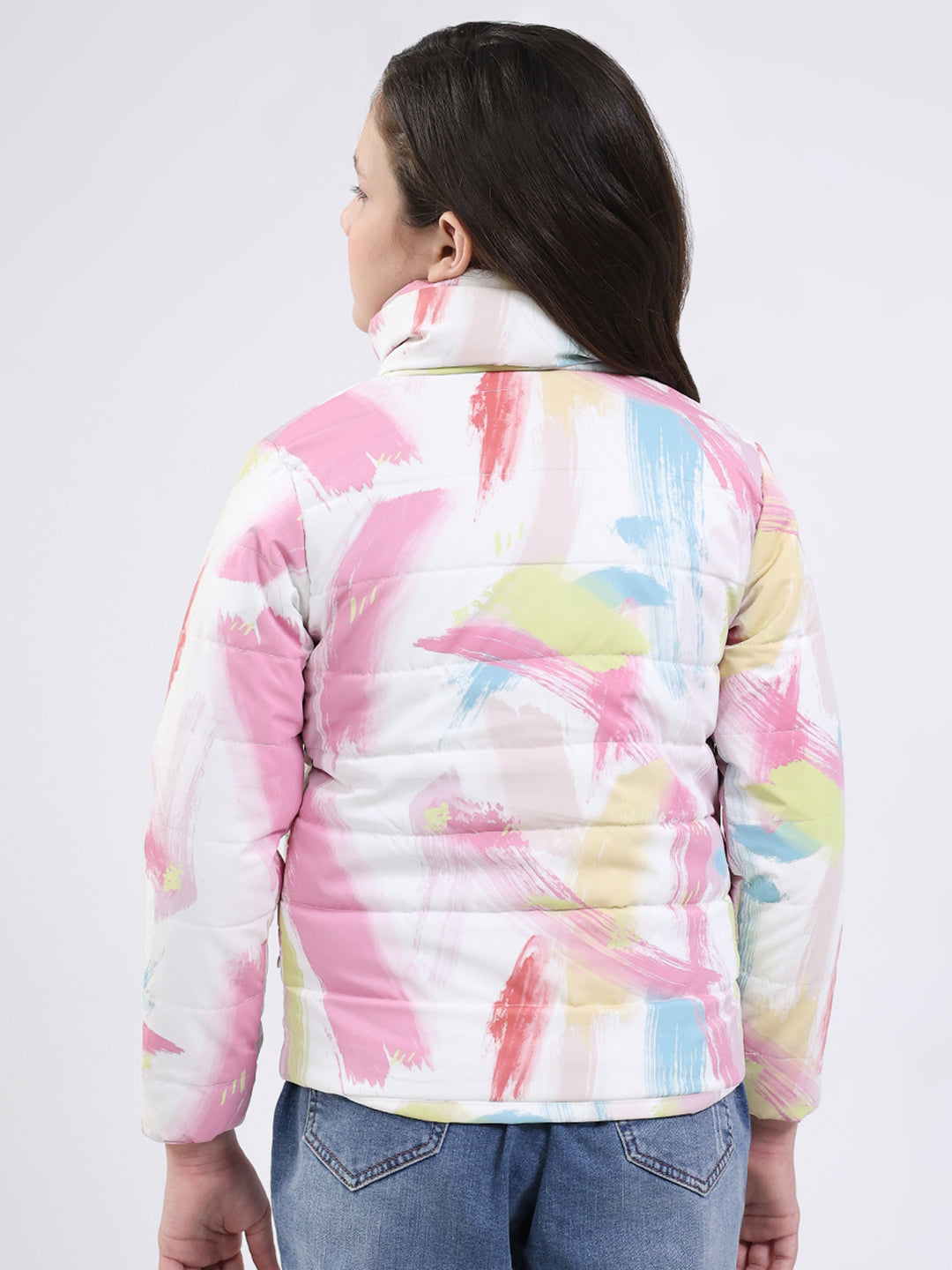 Girls Pink Printed Mock Neck Full Sleeve Jacket