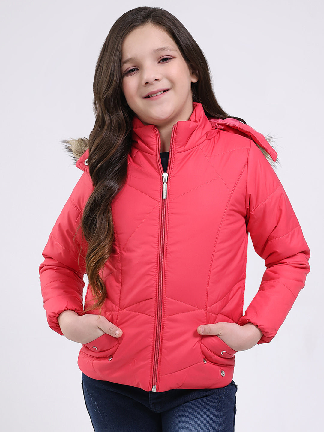 Girls Pink Solid Hooded Full Sleeve Jacket