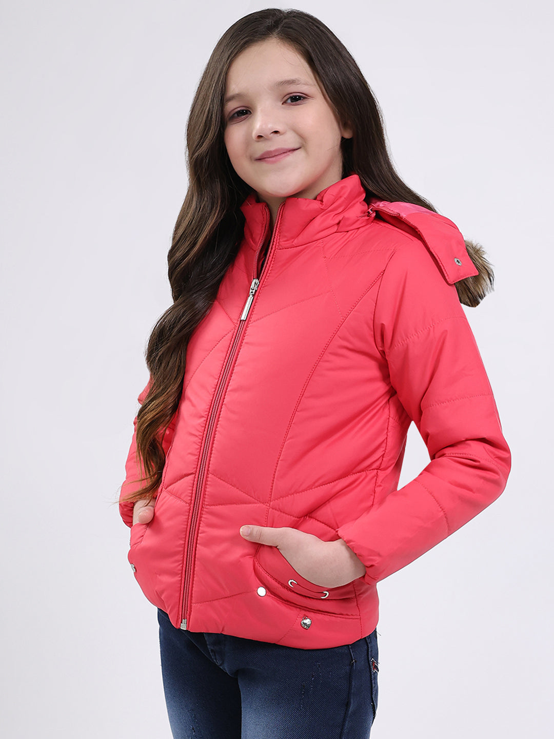 Girls Pink Solid Hooded Full Sleeve Jacket