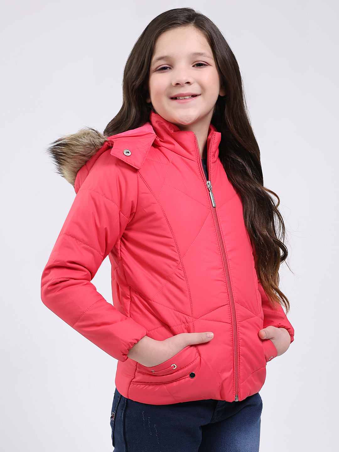 Girls Pink Solid Hooded Full Sleeve Jacket