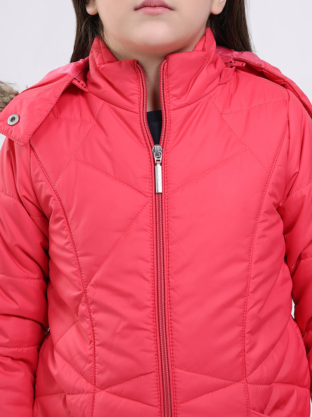 Girls Pink Solid Hooded Full Sleeve Jacket