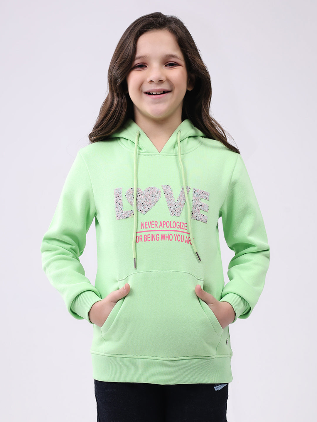 Girls Green Printed Hooded Full Sleeve Sweatshirt