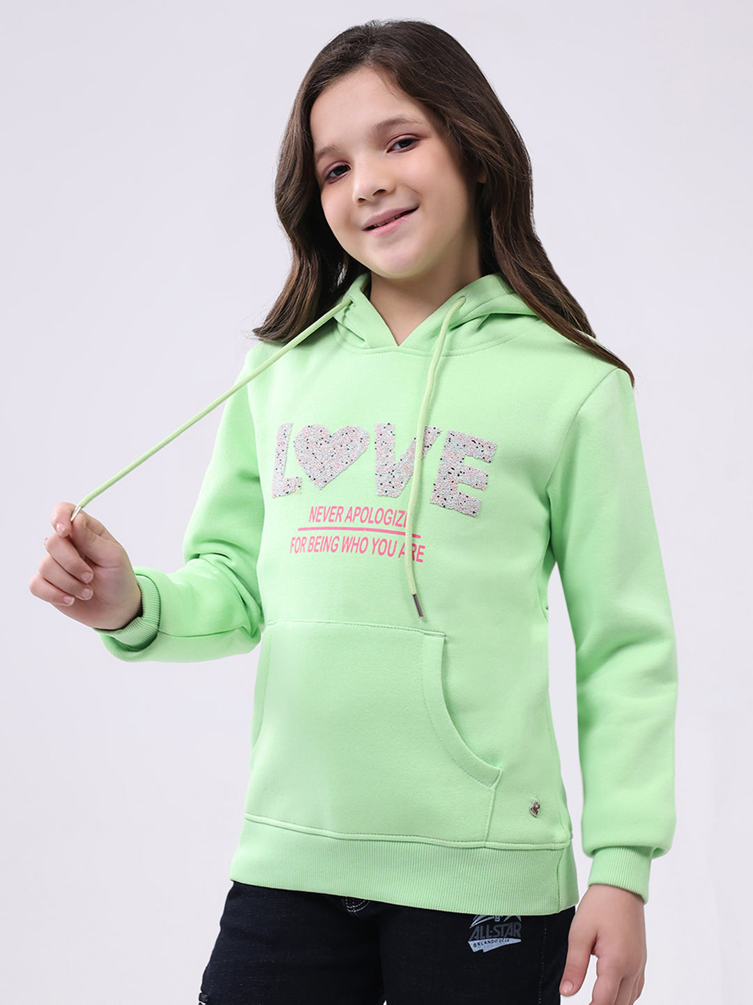 Girls Green Printed Hooded Full Sleeve Sweatshirt