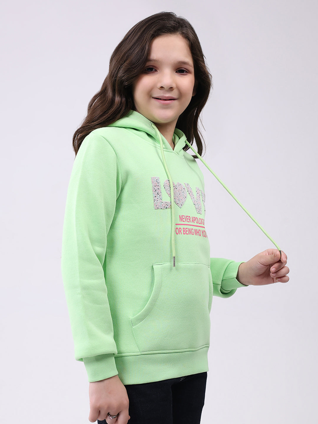 Girls Green Printed Hooded Full Sleeve Sweatshirt