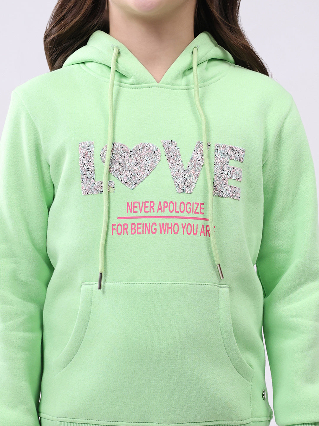 Girls Green Printed Hooded Full Sleeve Sweatshirt