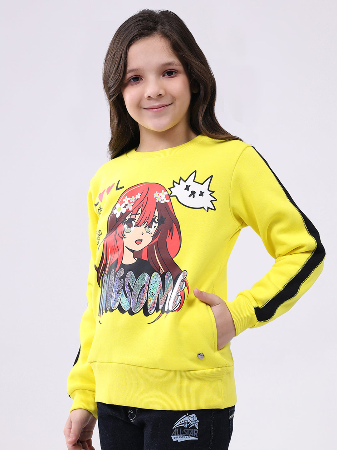 Girls Yellow Printed Round Neck Full Sleeve Sweatshirt