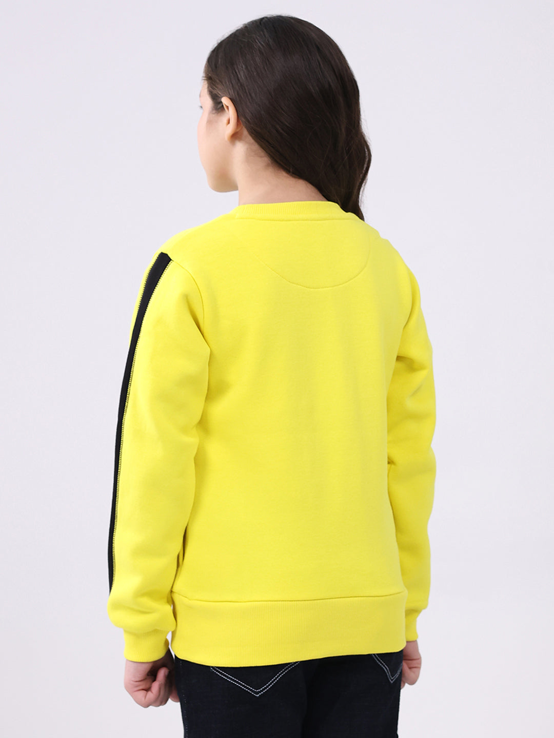 Girls Yellow Printed Round Neck Full Sleeve Sweatshirt