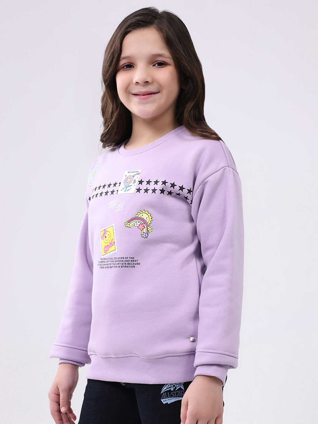Girls Purple Printed Round Neck Full Sleeve Sweatshirt