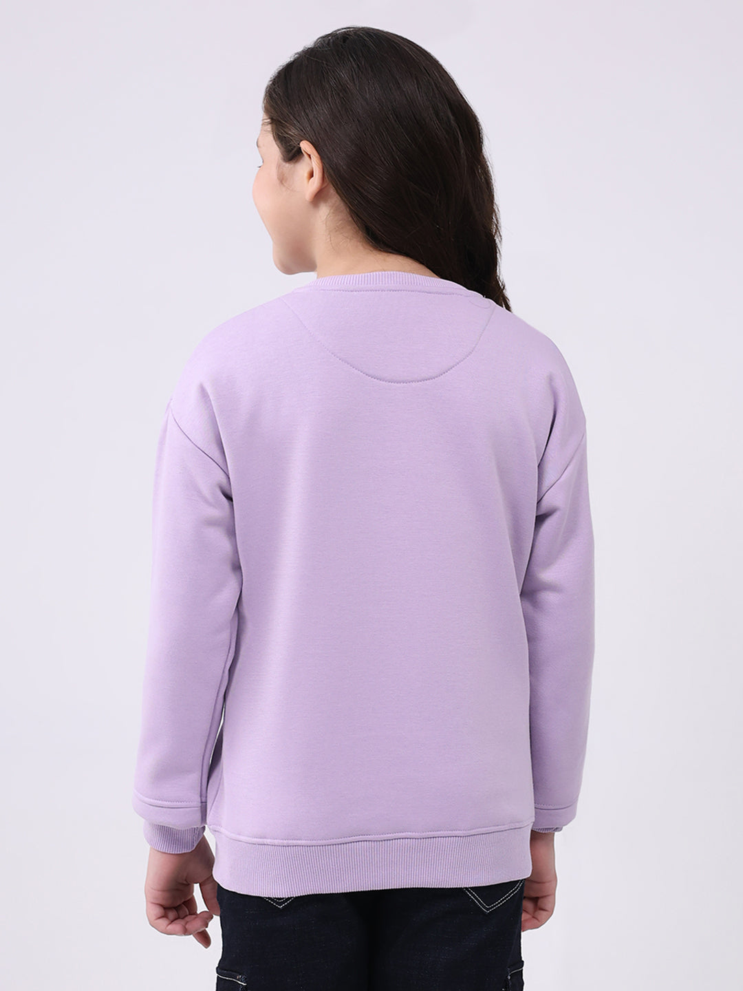 Girls Purple Printed Round Neck Full Sleeve Sweatshirt