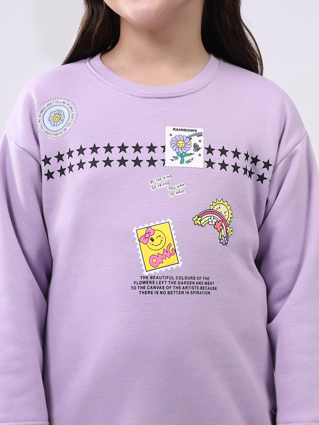 Girls Purple Printed Round Neck Full Sleeve Sweatshirt