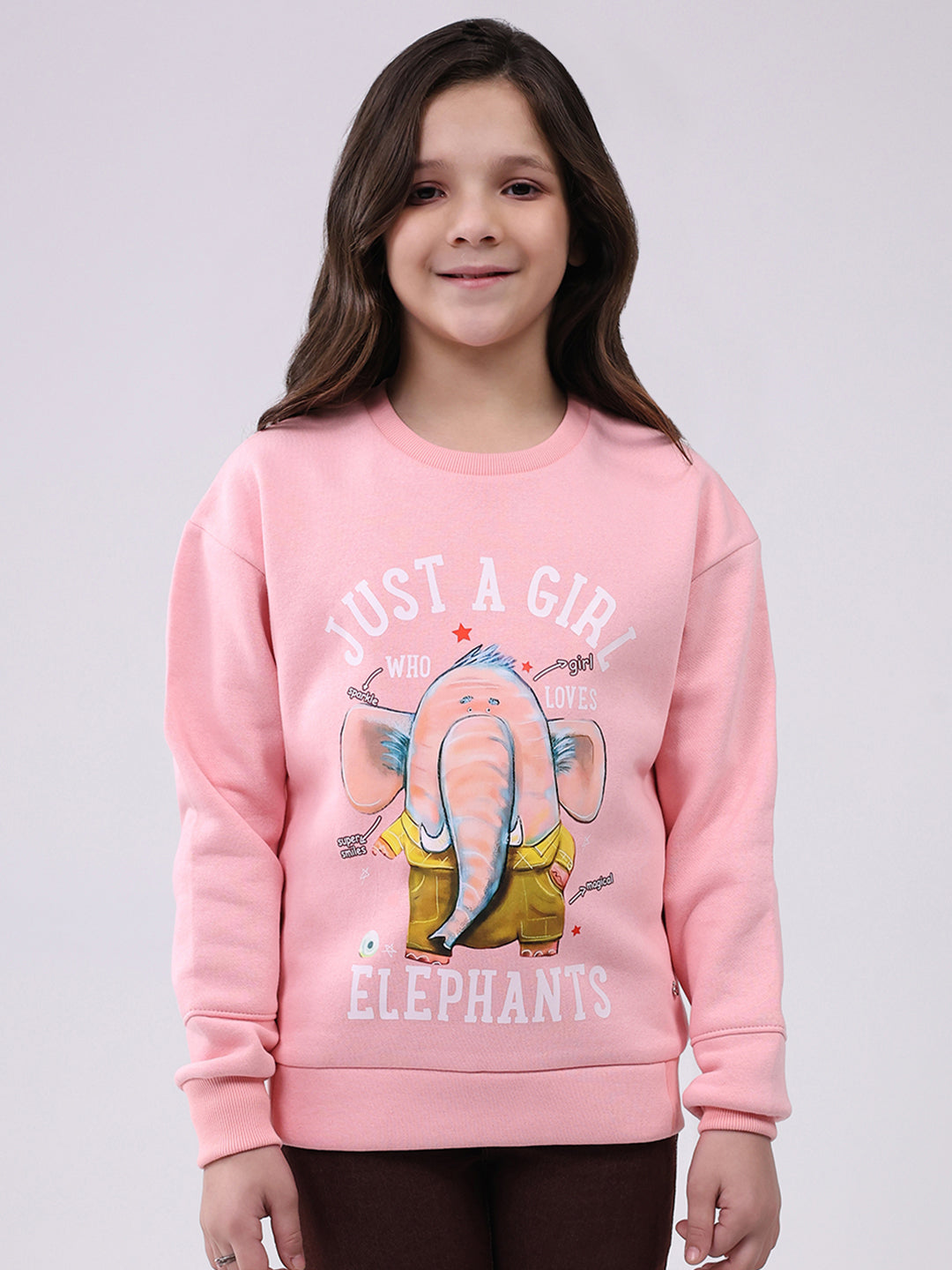 Girls Pink Printed Round Neck Full Sleeve Sweatshirt