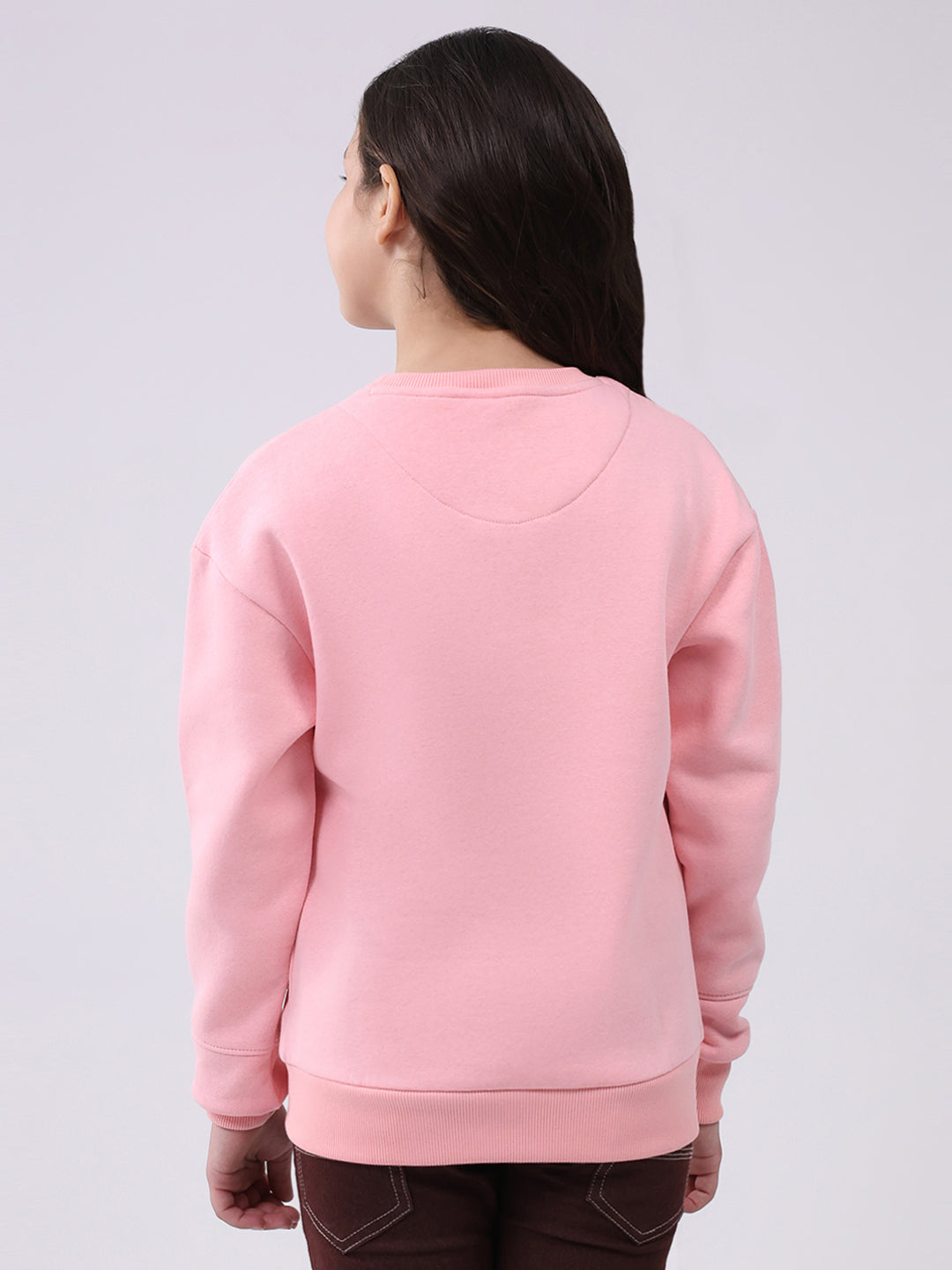 Girls Pink Printed Round Neck Full Sleeve Sweatshirt