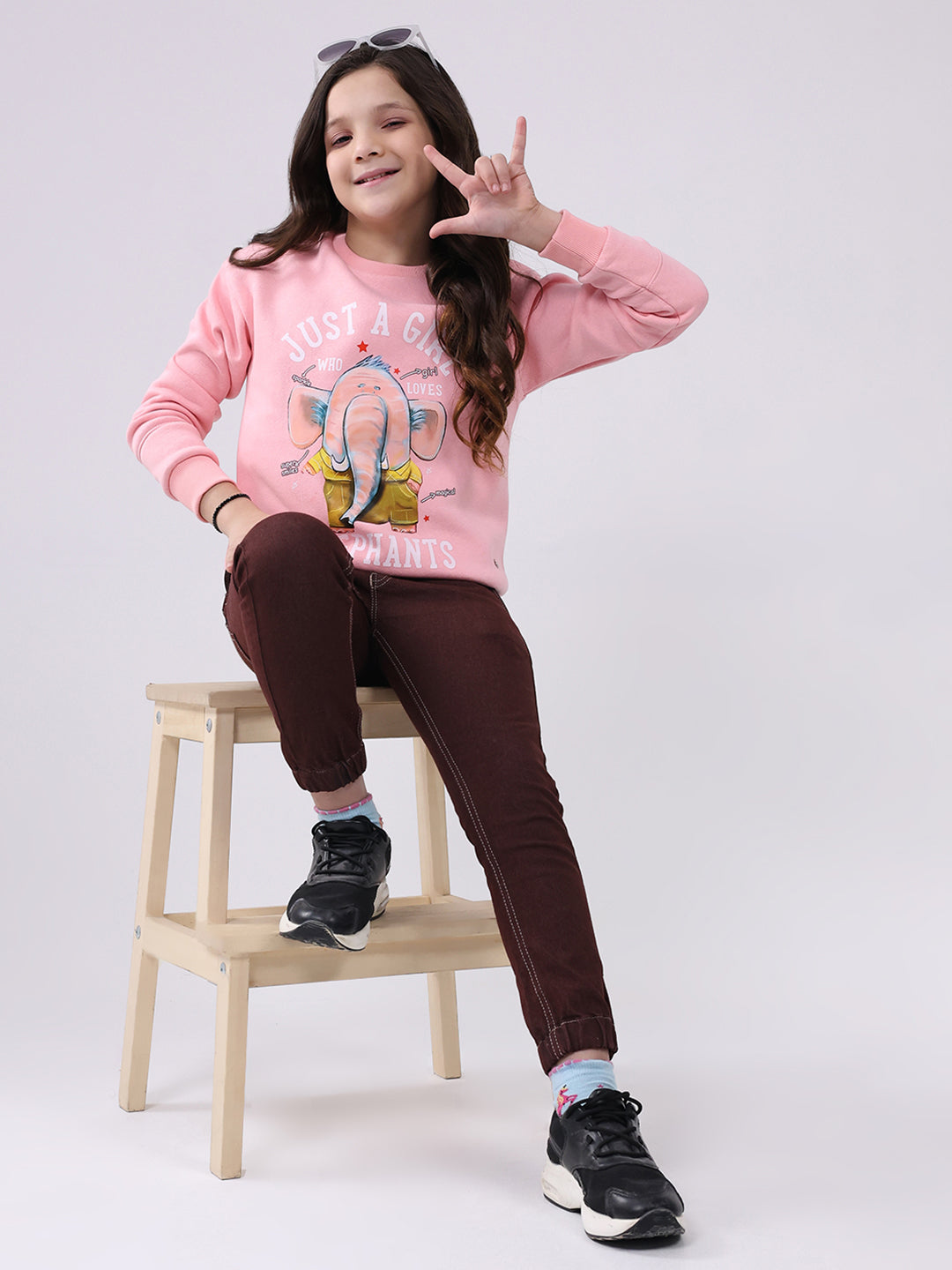 Girls Pink Printed Round Neck Full Sleeve Sweatshirt