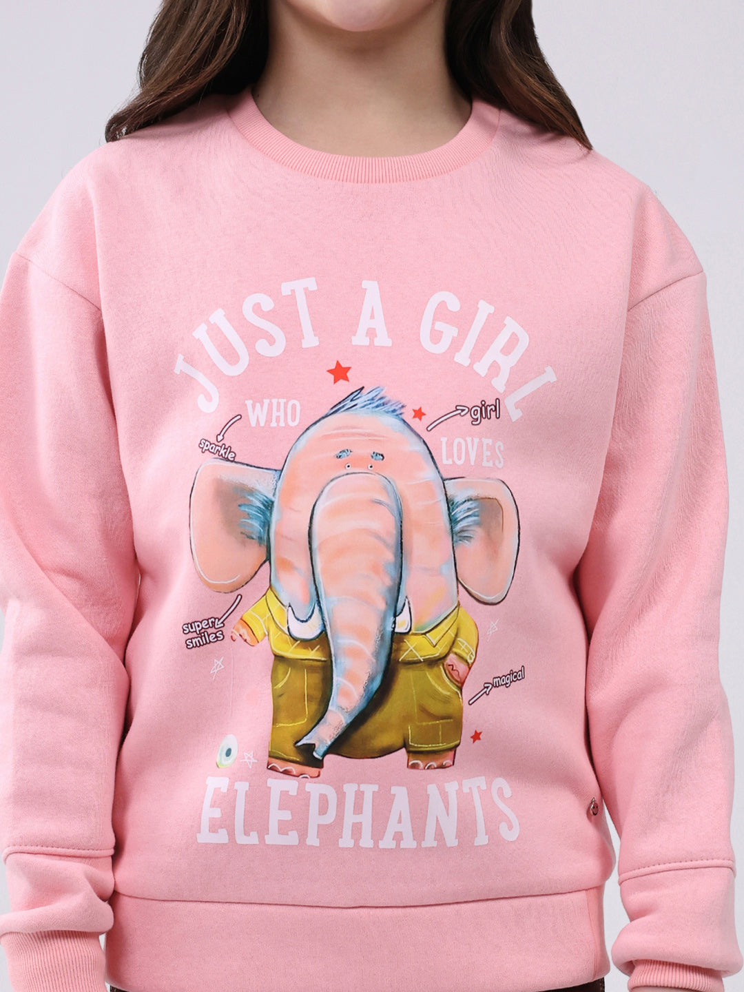 Girls Pink Printed Round Neck Full Sleeve Sweatshirt