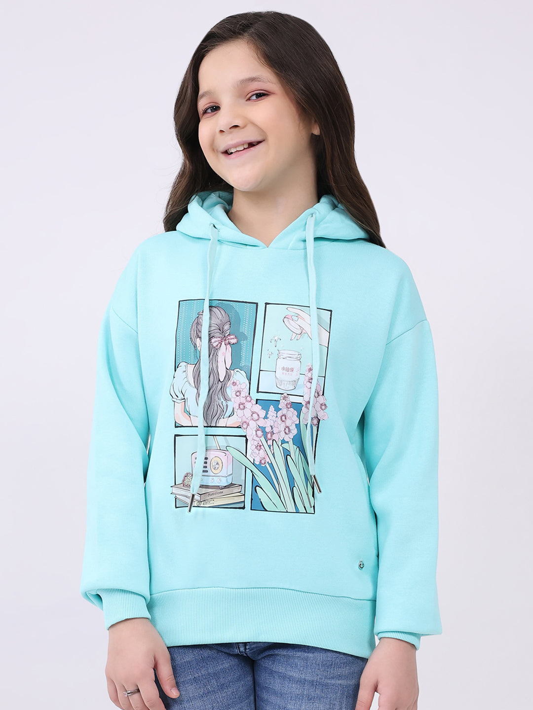 Girls Blue Printed Hooded Full Sleeve Sweatshirt