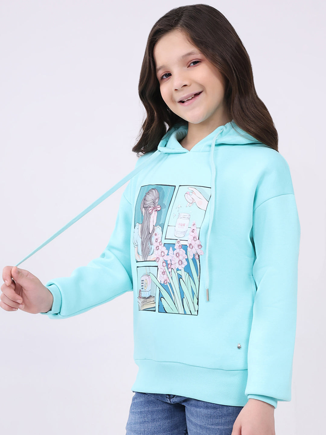 Girls Blue Printed Hooded Full Sleeve Sweatshirt