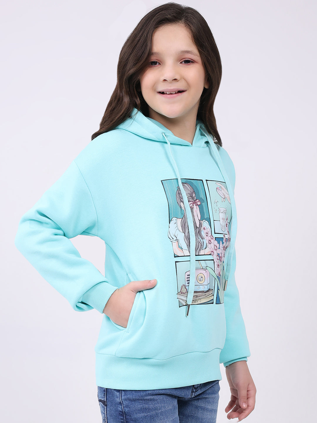 Girls Blue Printed Hooded Full Sleeve Sweatshirt