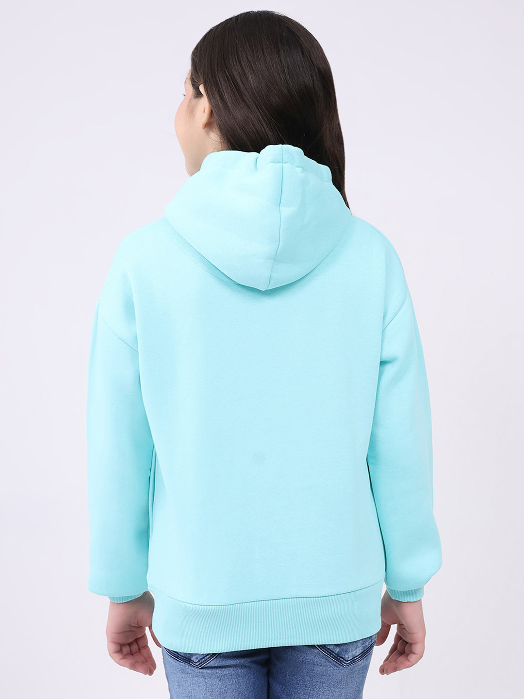 Girls Blue Printed Hooded Full Sleeve Sweatshirt