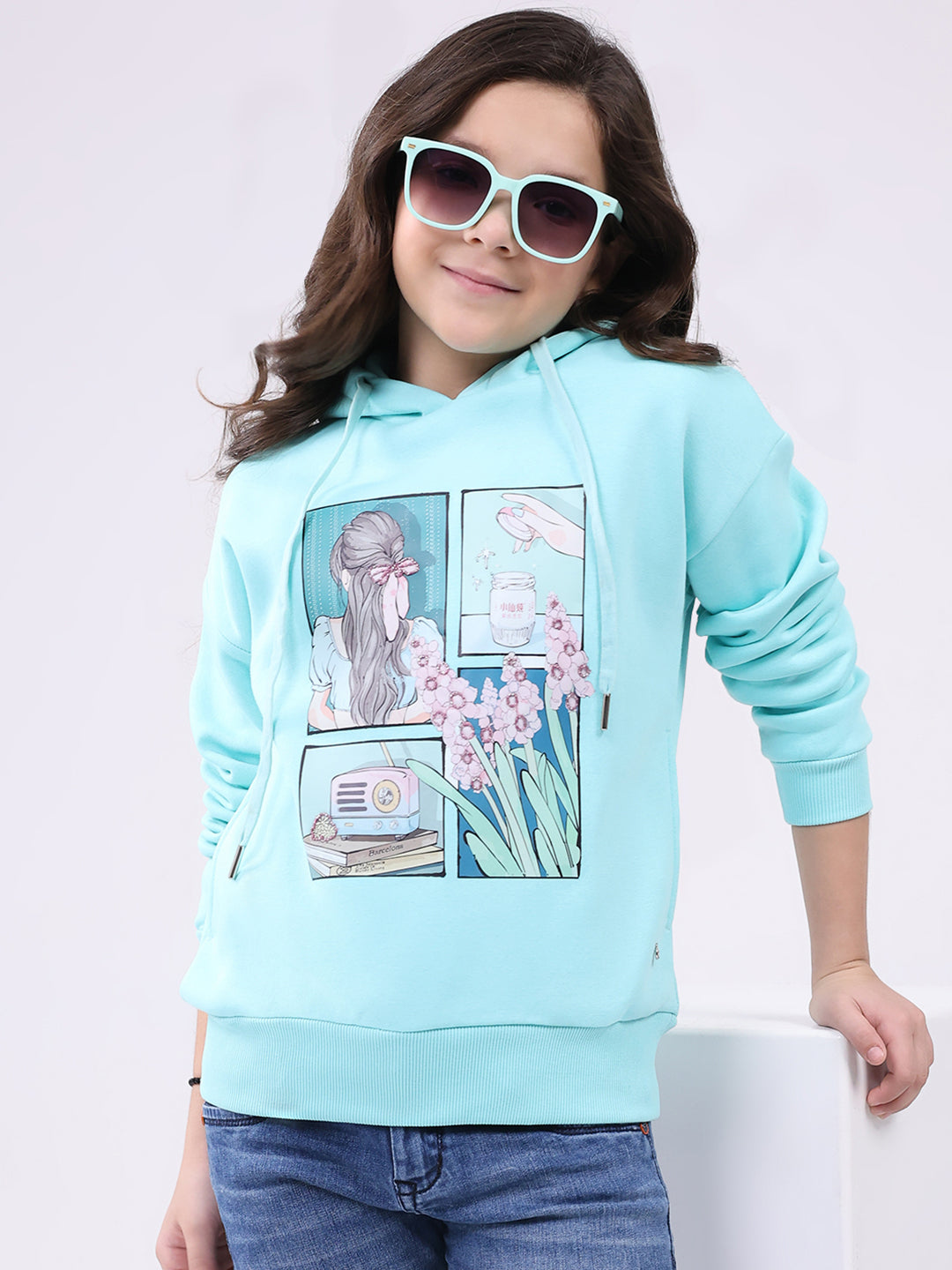 Girls Blue Printed Hooded Full Sleeve Sweatshirt