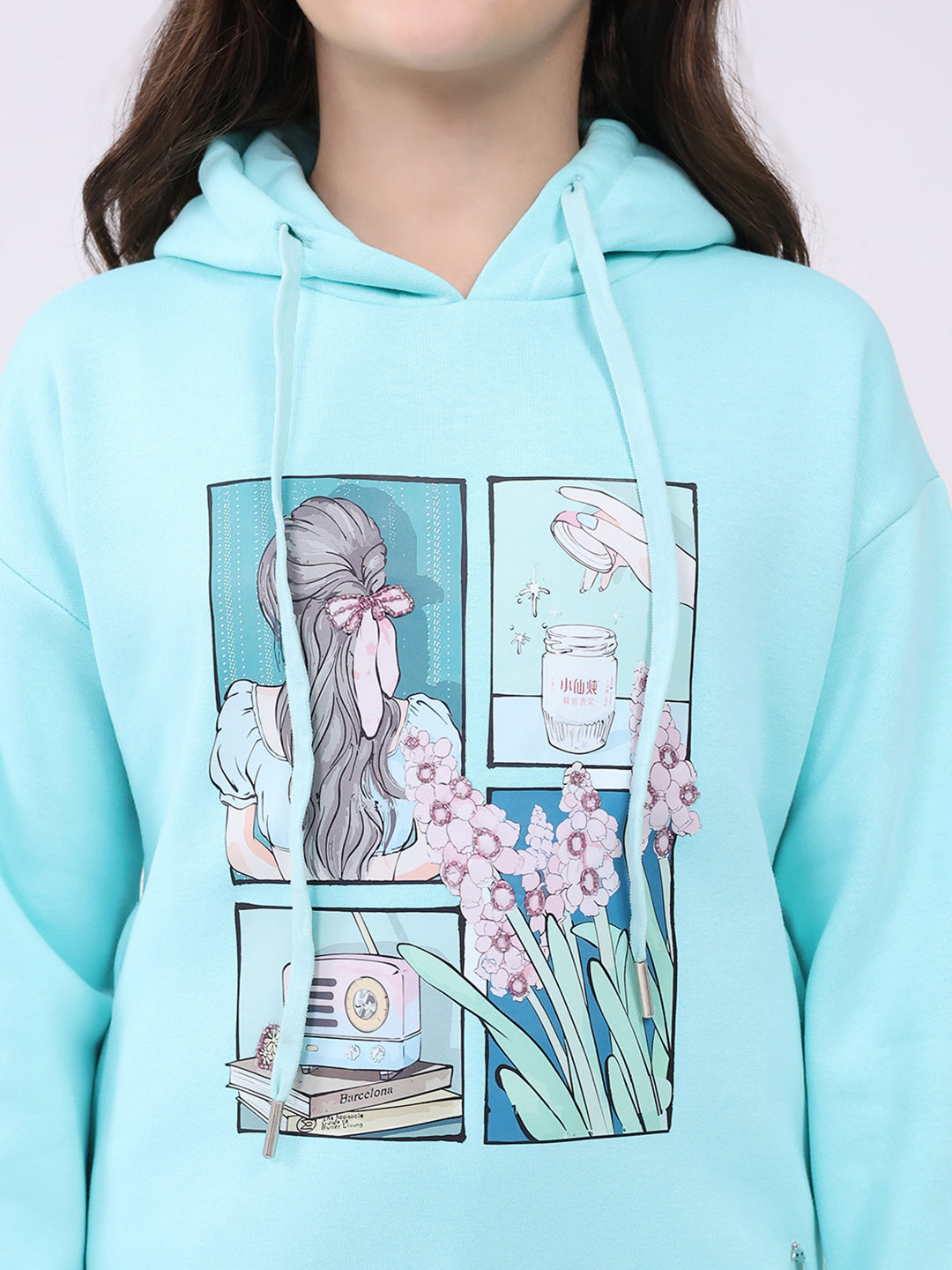Girls Blue Printed Hooded Full Sleeve Sweatshirt
