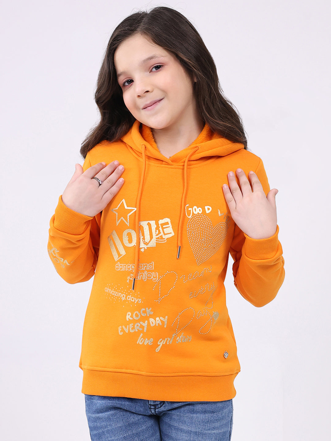 Girls Orange Printed Hooded Full Sleeve Sweatshirt