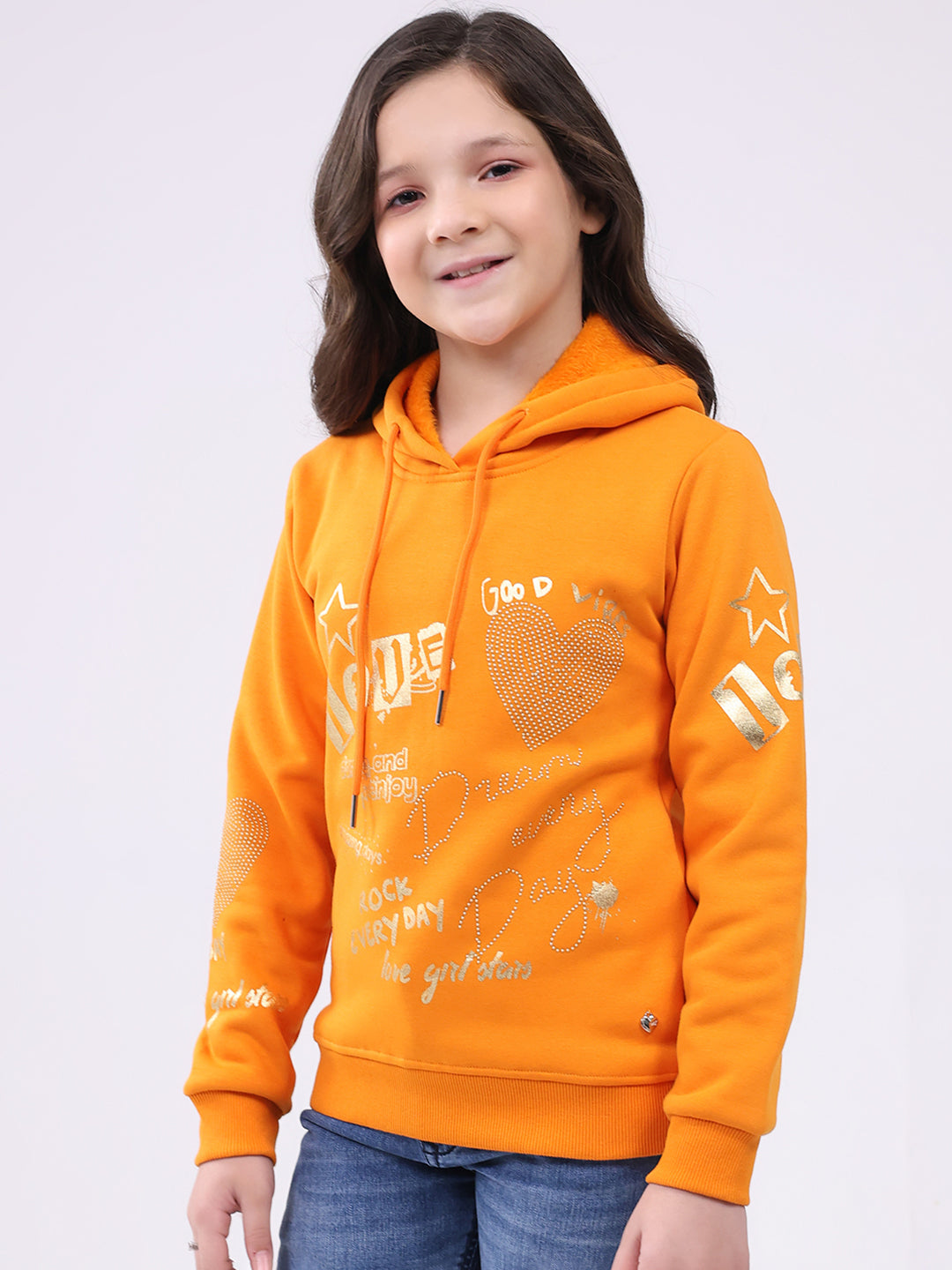 Girls Orange Printed Hooded Full Sleeve Sweatshirt