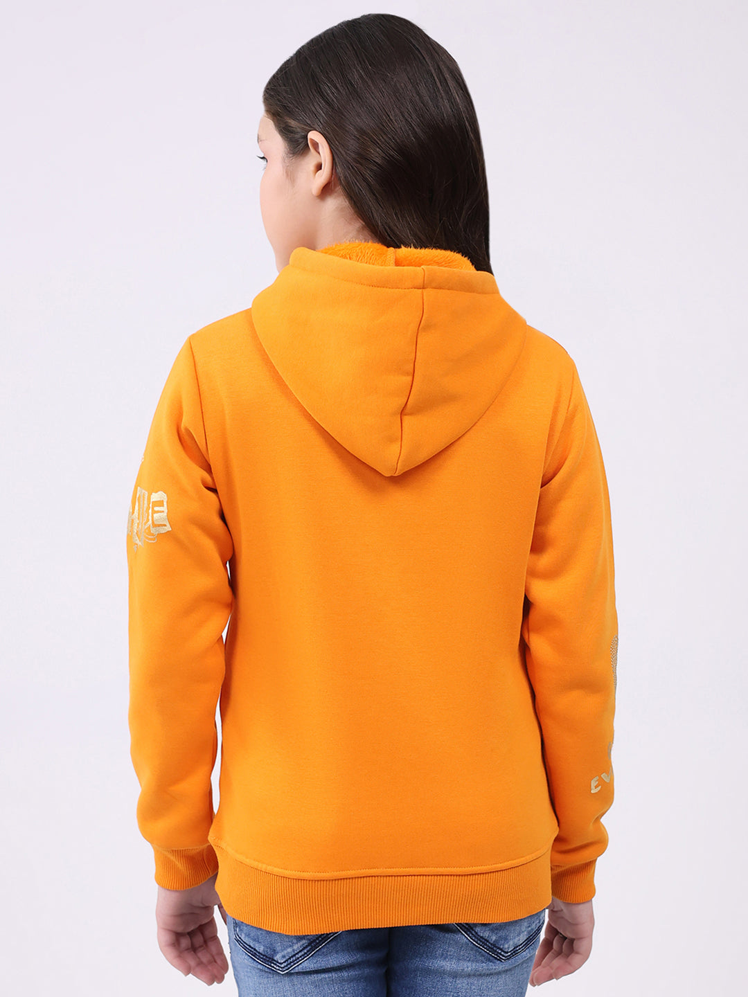Girls Orange Printed Hooded Full Sleeve Sweatshirt