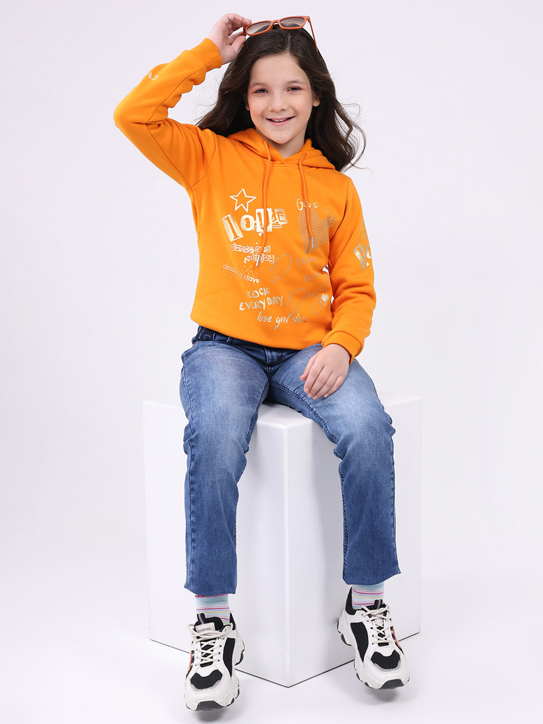 Girls Orange Printed Hooded Full Sleeve Sweatshirt