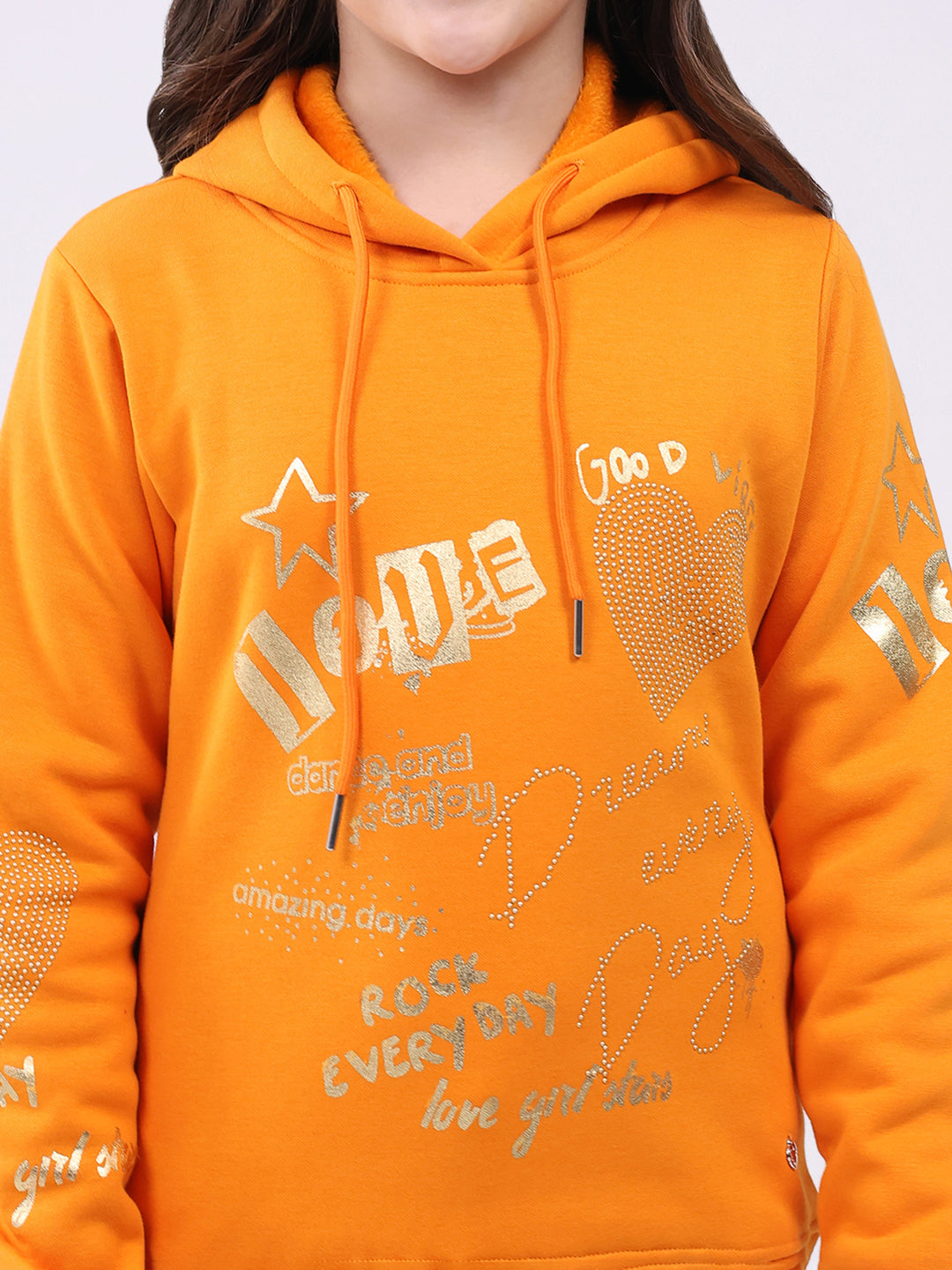 Girls Orange Printed Hooded Full Sleeve Sweatshirt
