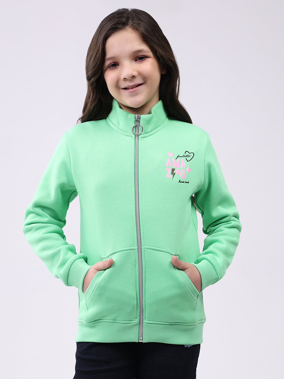 Girls Green Printed Mock Neck Full Sleeve Sweatshirt