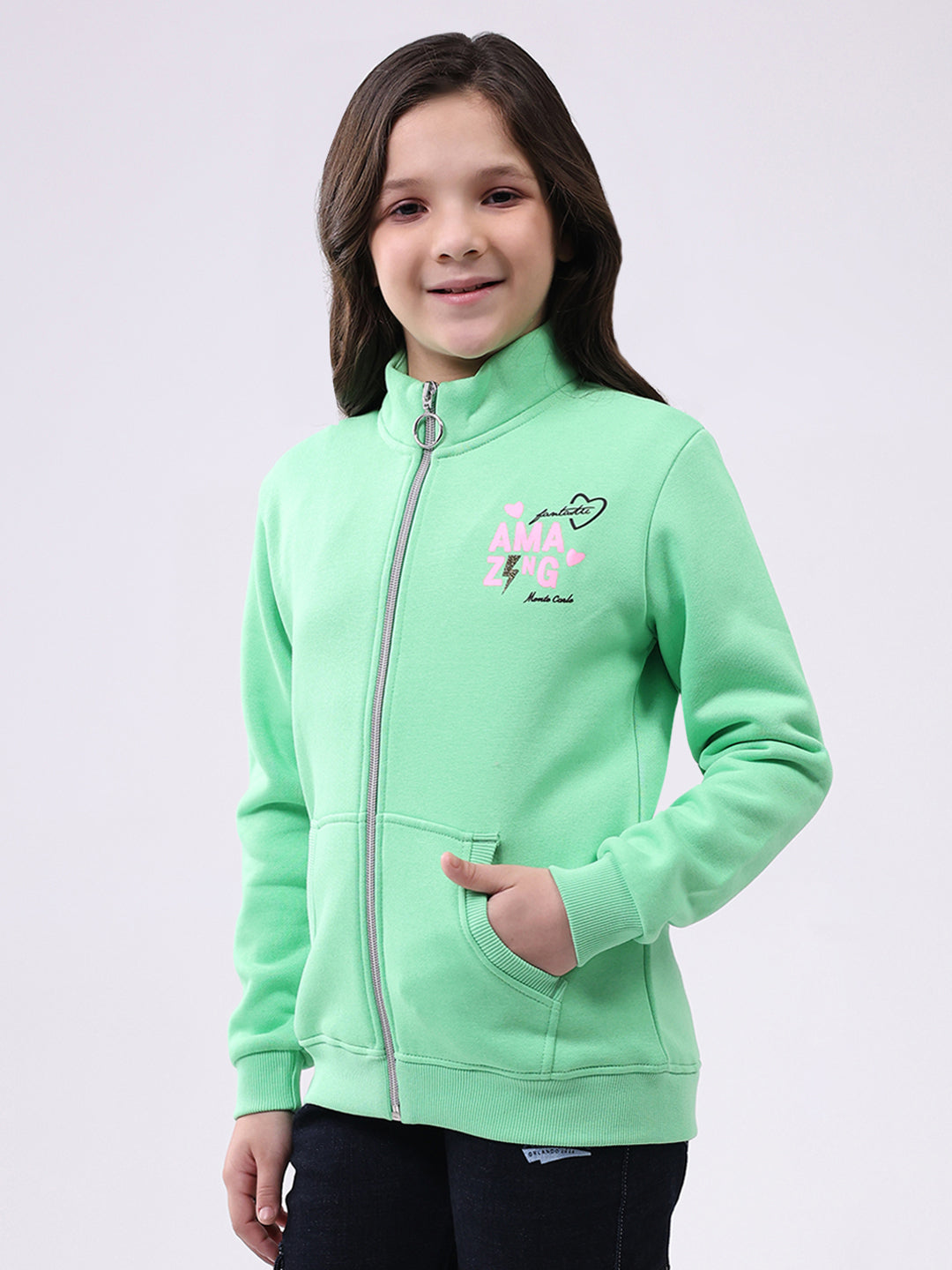 Girls Green Printed Mock Neck Full Sleeve Sweatshirt