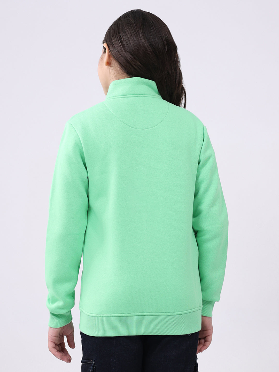 Girls Green Printed Mock Neck Full Sleeve Sweatshirt