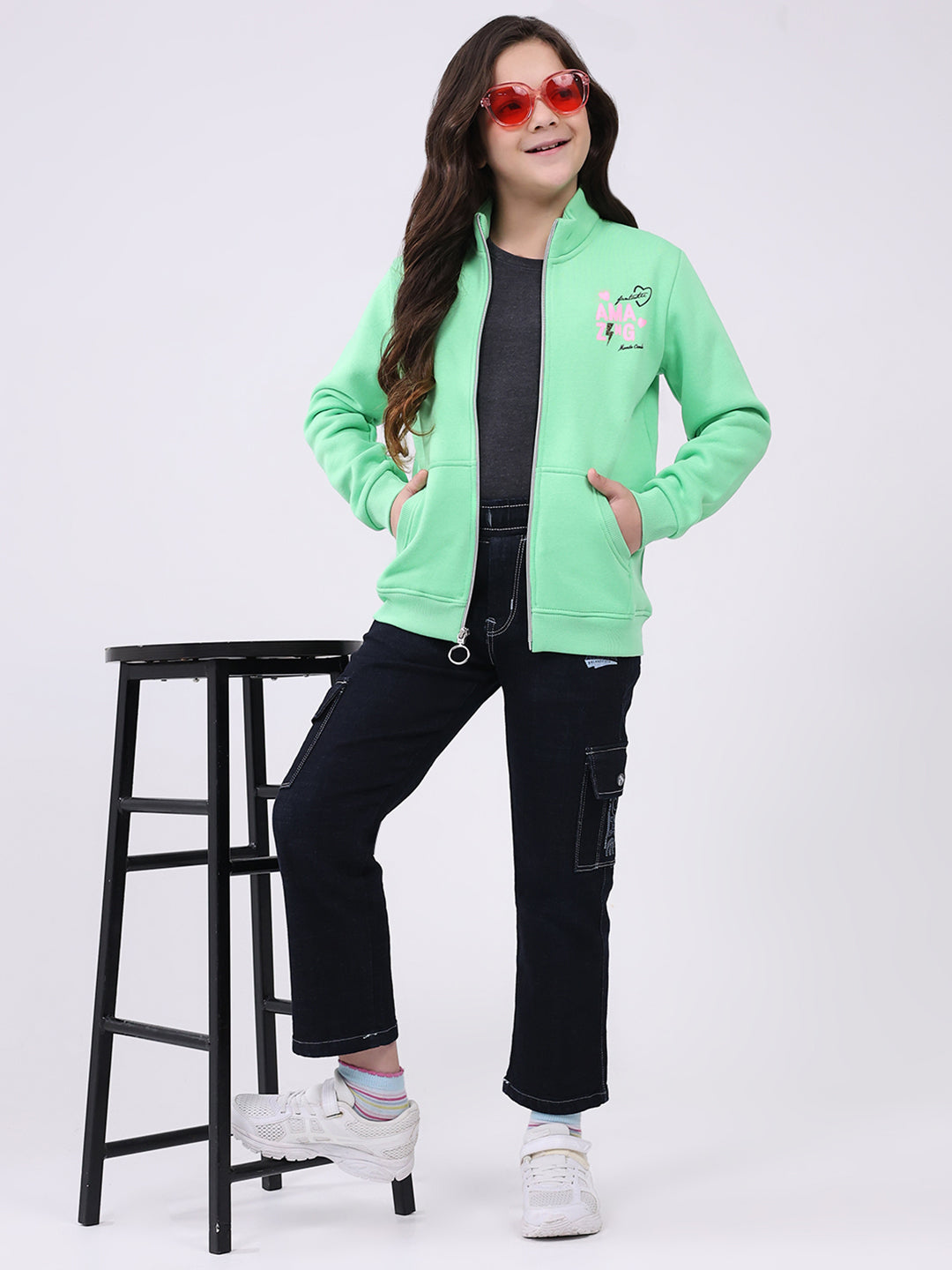 Girls Green Printed Mock Neck Full Sleeve Sweatshirt