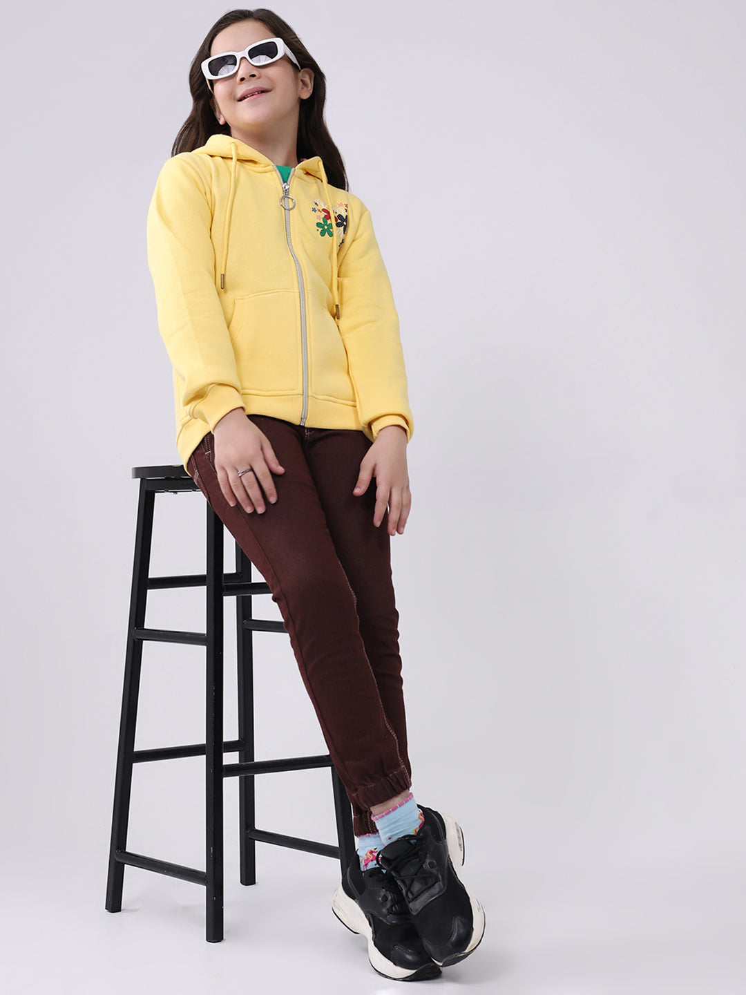 Girls Yellow Printed Hooded Full Sleeve Sweatshirt