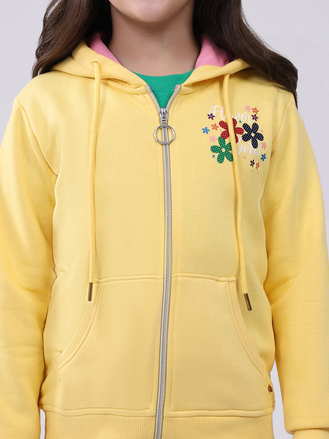 Girls Yellow Printed Hooded Full Sleeve Sweatshirt