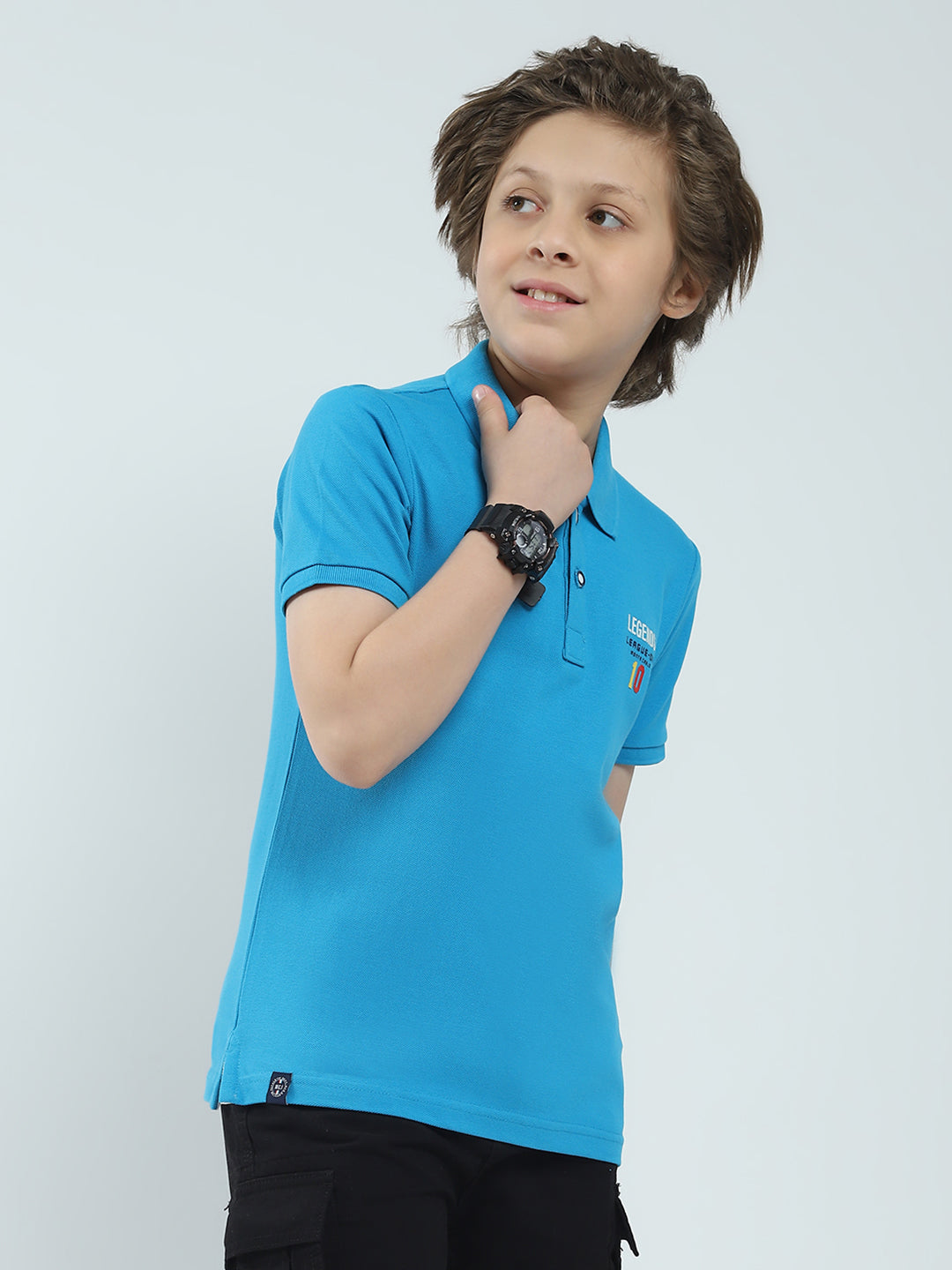 Boys Blue Solid Collar Half Sleeve T-Shirt