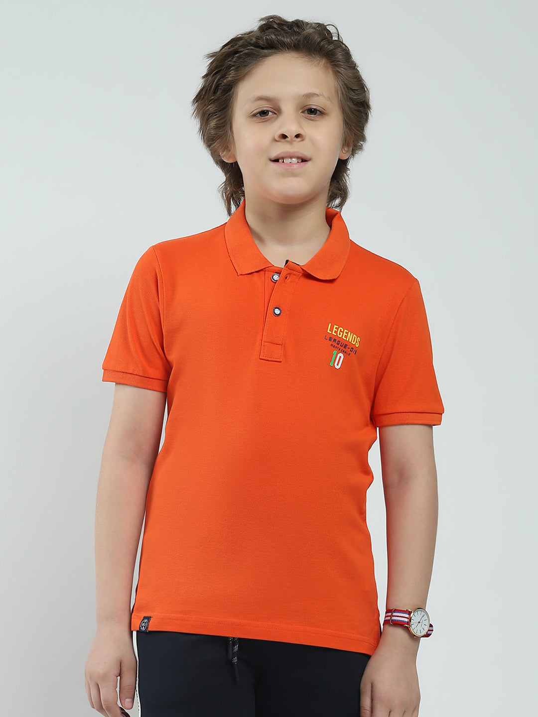 Boys Orange Solid Collar Half Sleeve T-Shirt