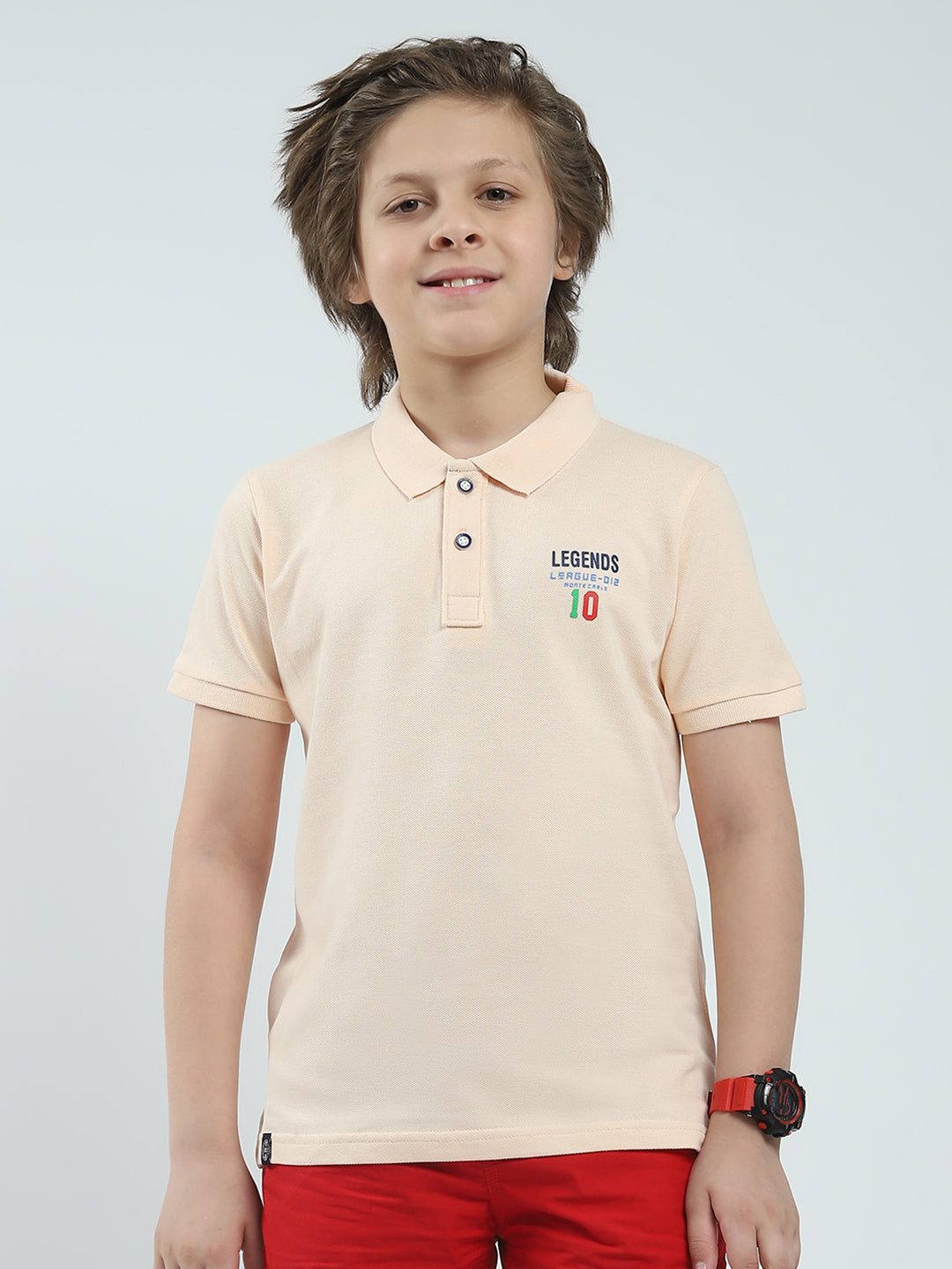 Boys Peach Solid Collar Half Sleeve T-Shirt
