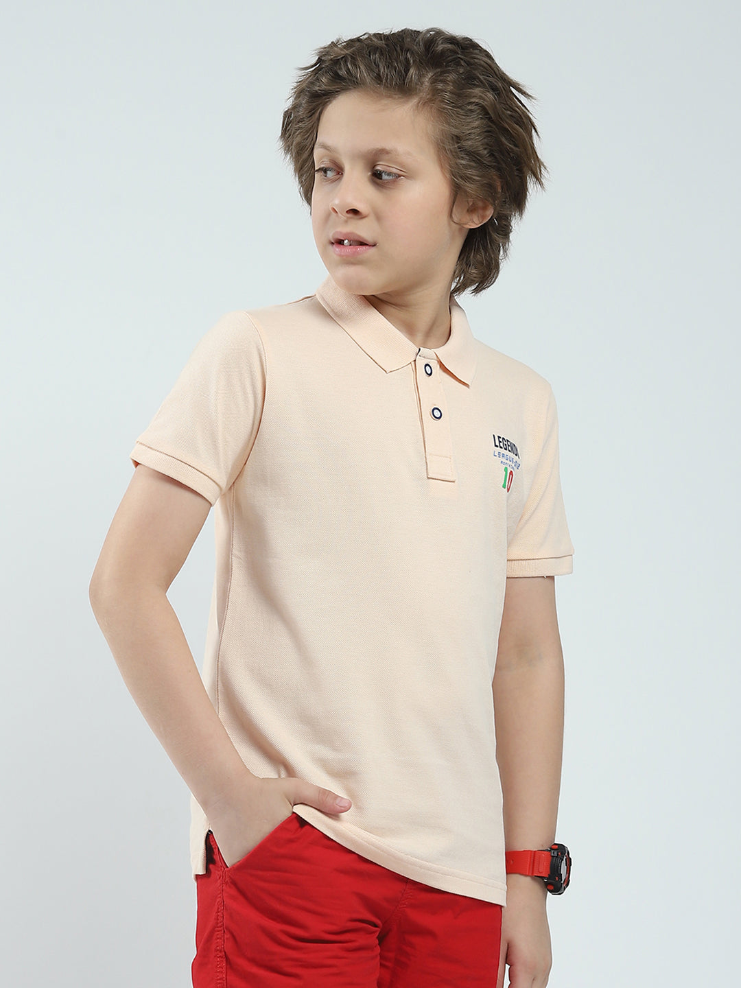 Boys Peach Solid Collar Half Sleeve T-Shirt